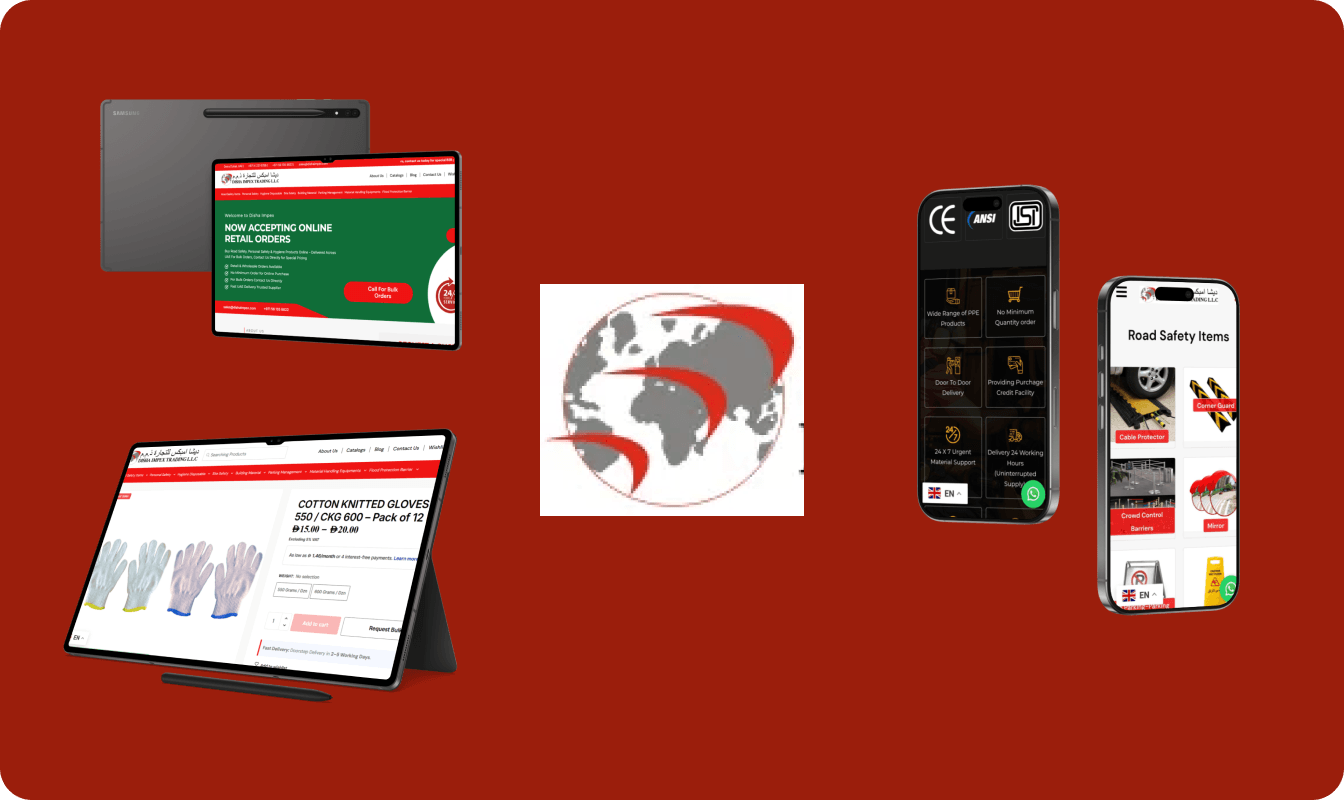 Disha Impex B2B safety equipment WooCommerce platform displayed on Samsung tablets showing homepage and product detail page