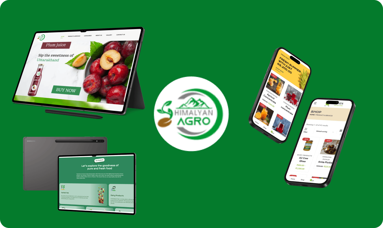 Himalyan Agro D2C natural foods WooCommerce platform displayed on tablets showing homepage with Uttarakhand plum juice and product categories