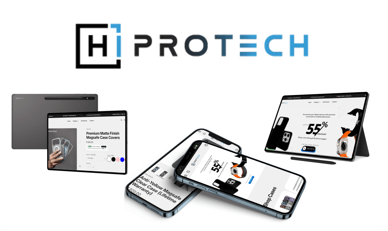 Hiprotech D2C iPhone accessories Shopify store displayed on tablet and mobile devices