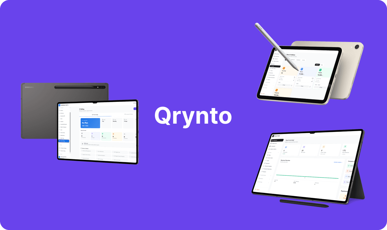 custom SaaS development project Qrynto AI fraud detection and supply chain tracking dashboard displayed on laptops