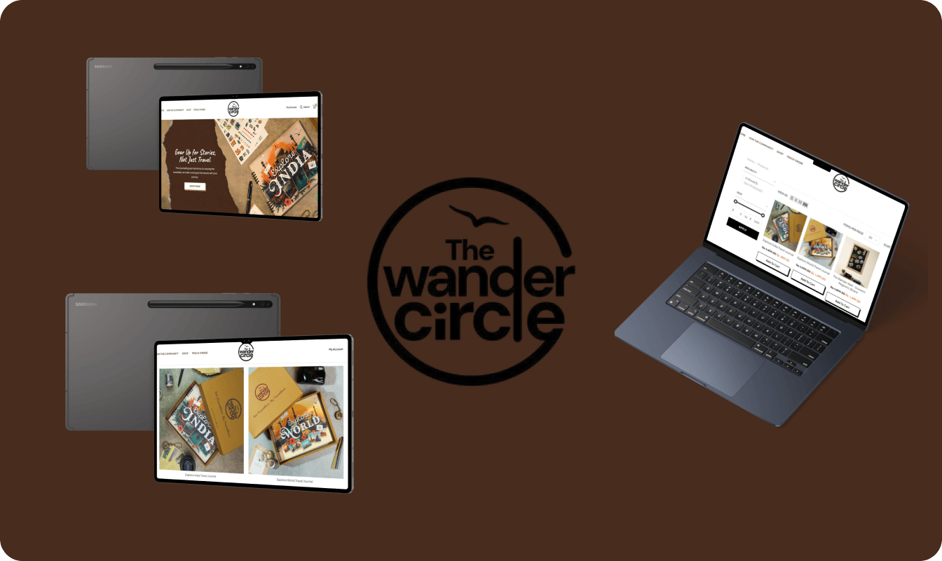 The Wander Circle custom Shopify store displayed on tablets and laptop